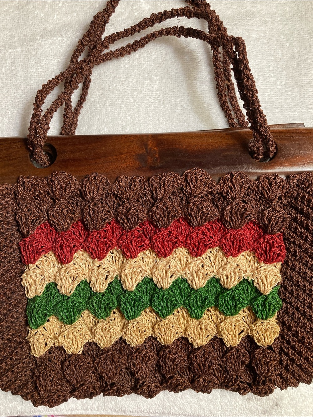 Boho Brown Crochet Shoulder Bag with Red, Cream & Green Stripes